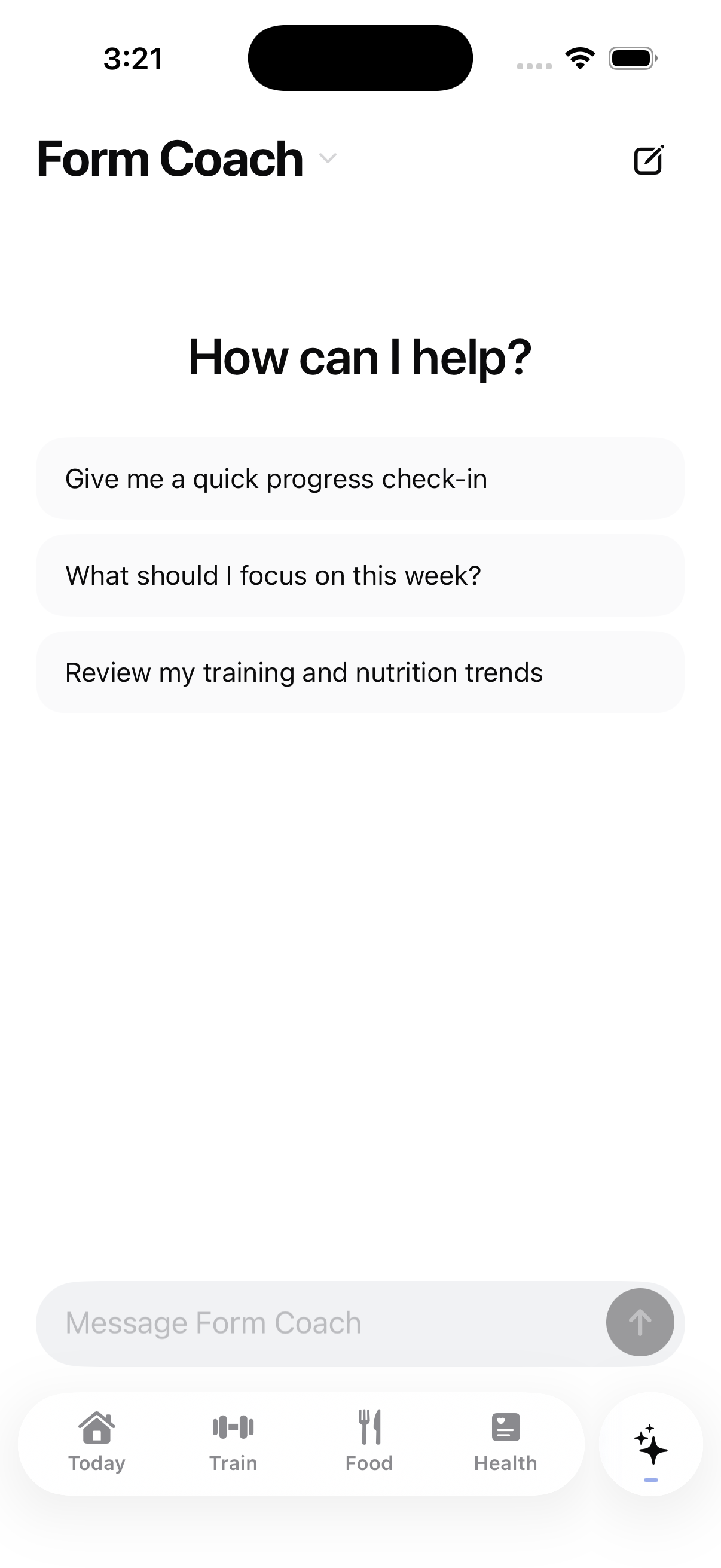 Form Coach screen with suggested questions