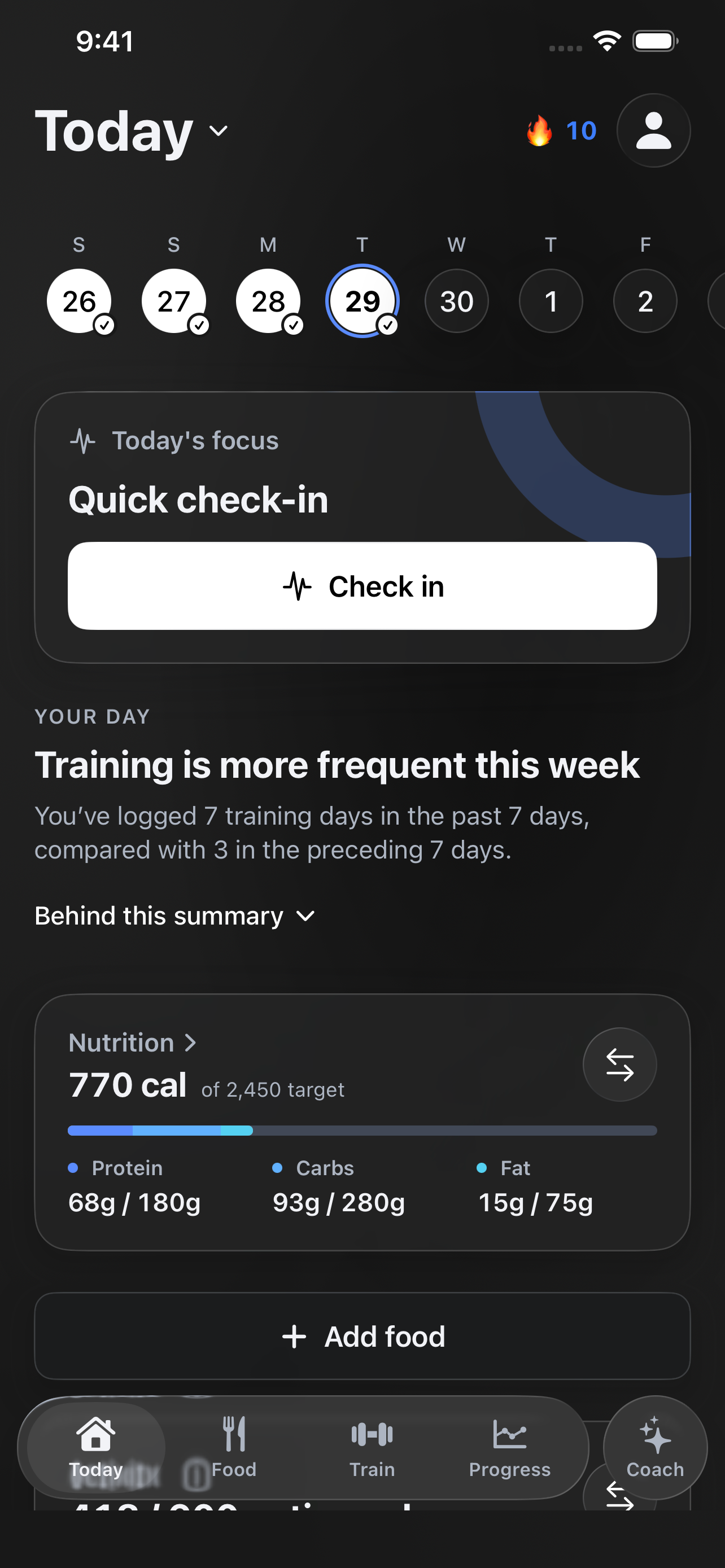 Form Today with a daily nutrition, activity, and workout overview